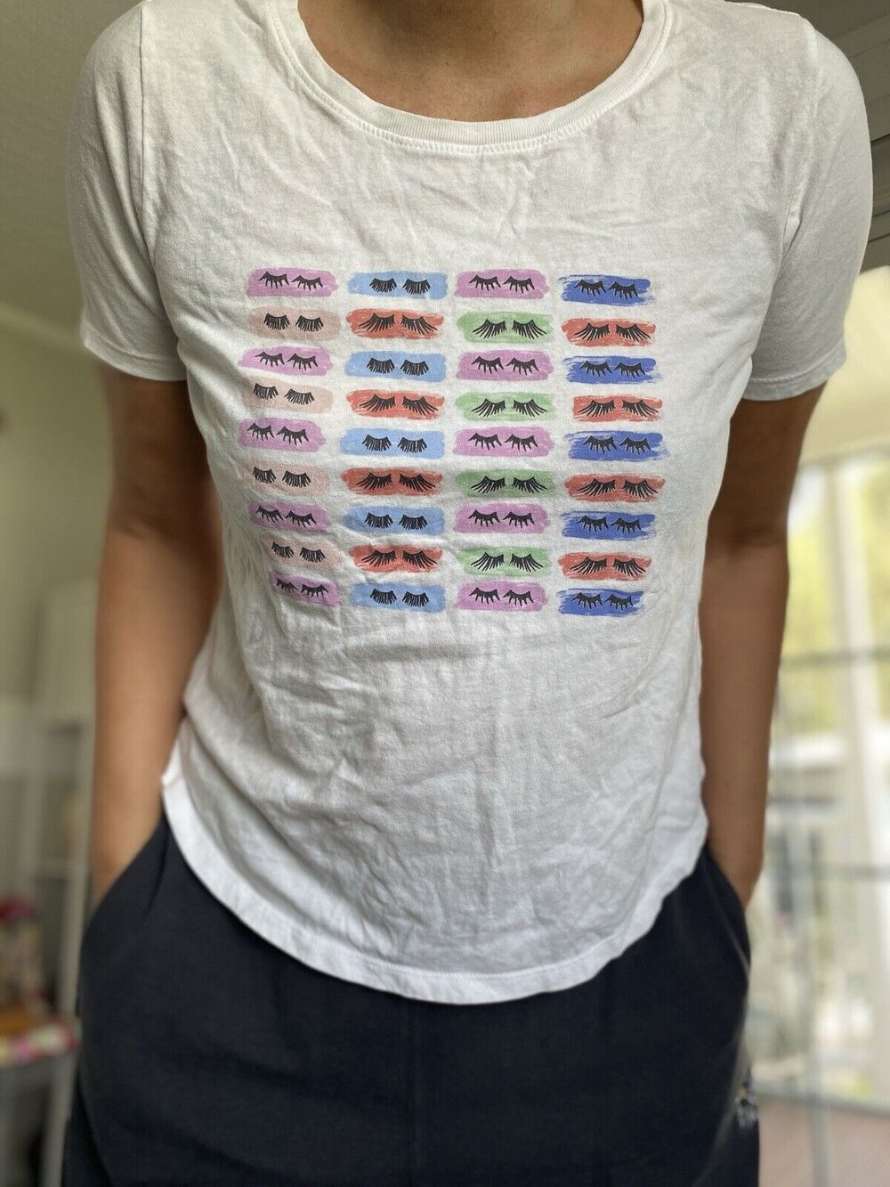 ANTHROPOLOGIE Eyelash Graphic Tee By Kendra Dandy 100% Cotton S